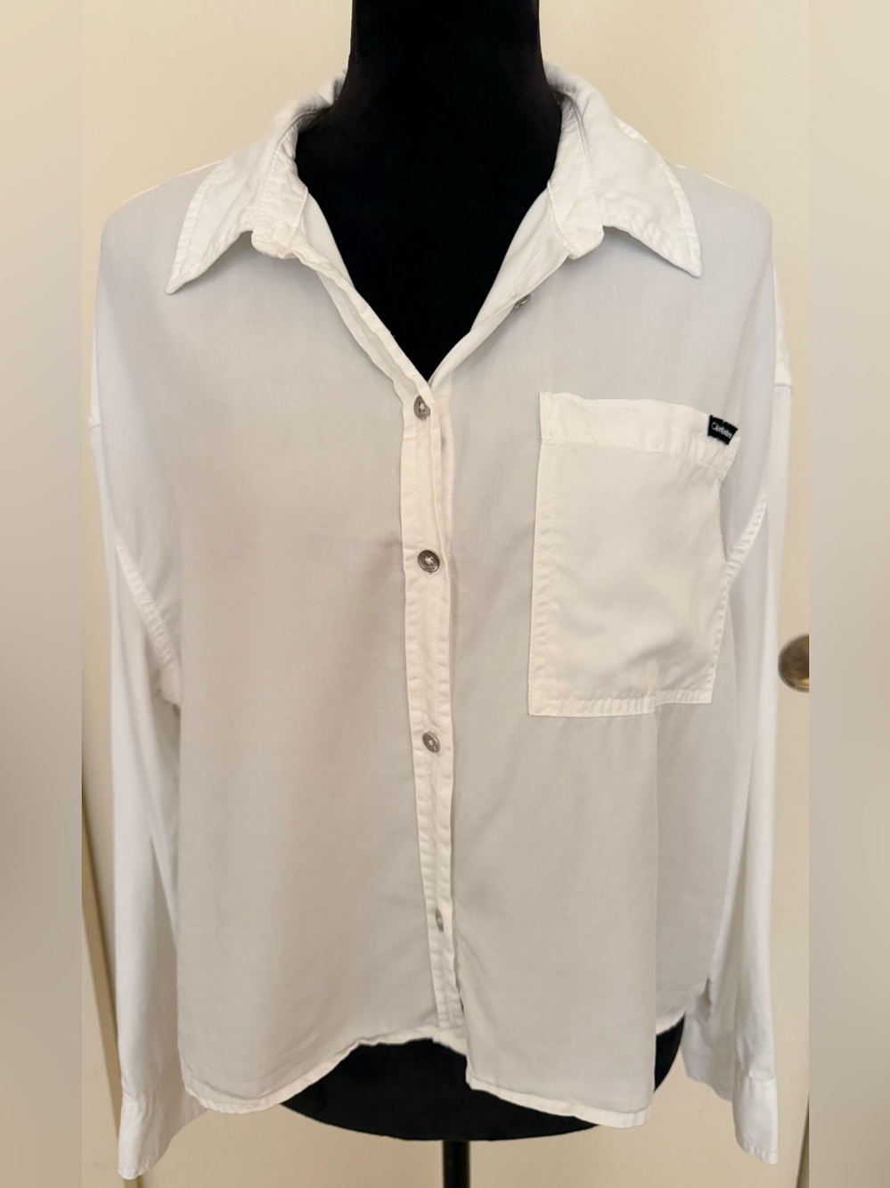 Calvin Klein Jeans White Cropped Button Up Long Sleeve Top - Size L